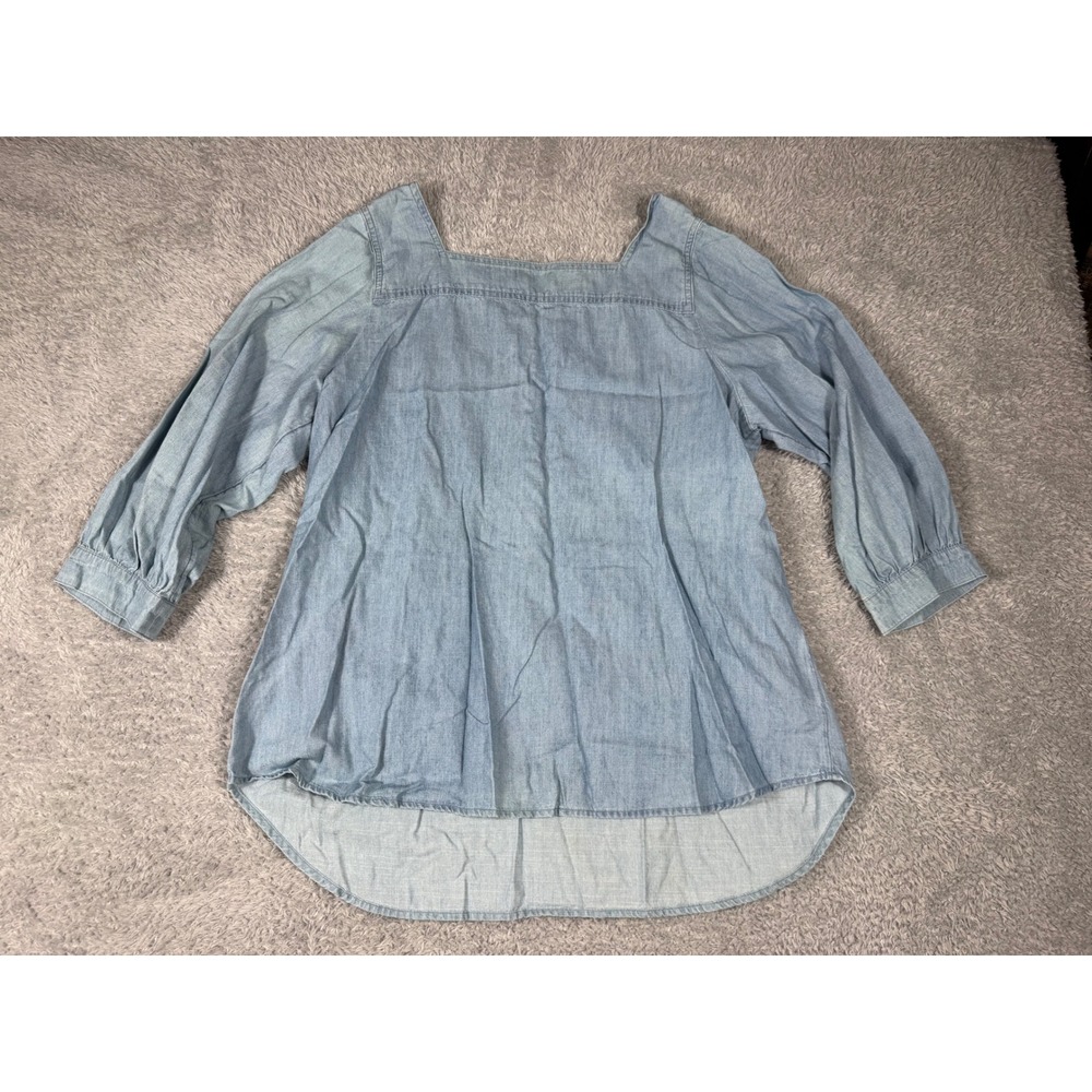 Time and Tru Blouse Womens L 12-14 Blue Fair Square Neck Puff Sleeve Denim Look